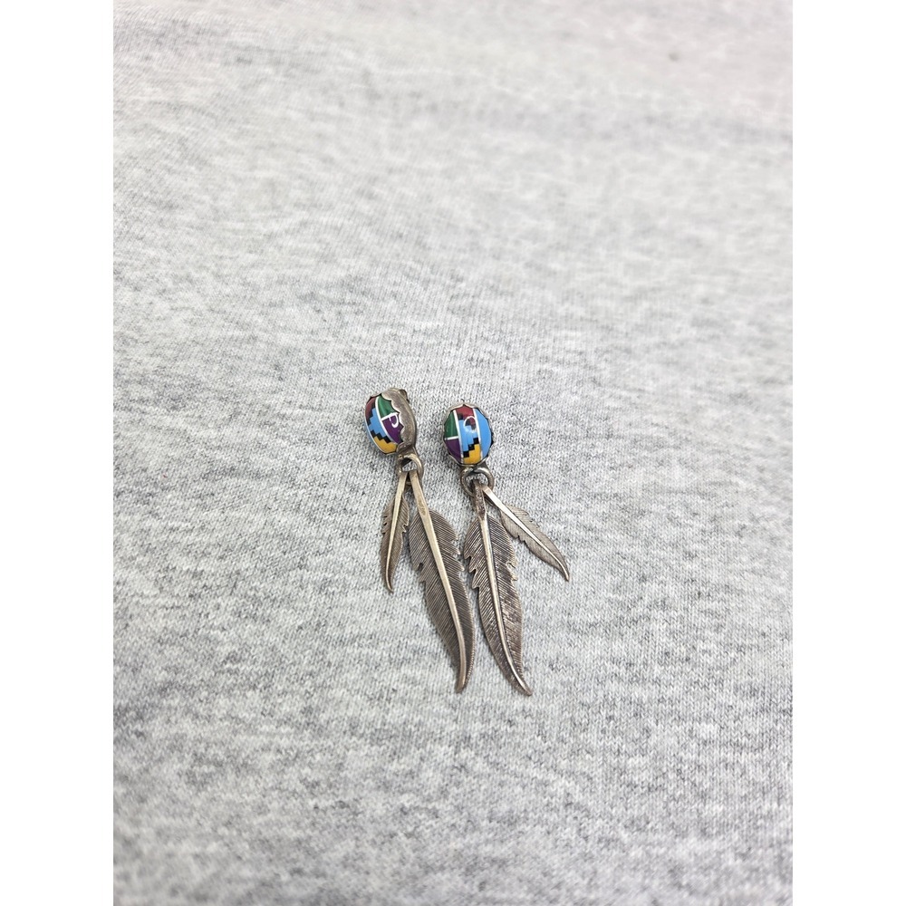 Vintage Sensa Eustace Zuni Sterling Silver Feather Gem Inlay Signed Earrings